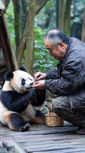 Photo a panda bear with a panda on his chest