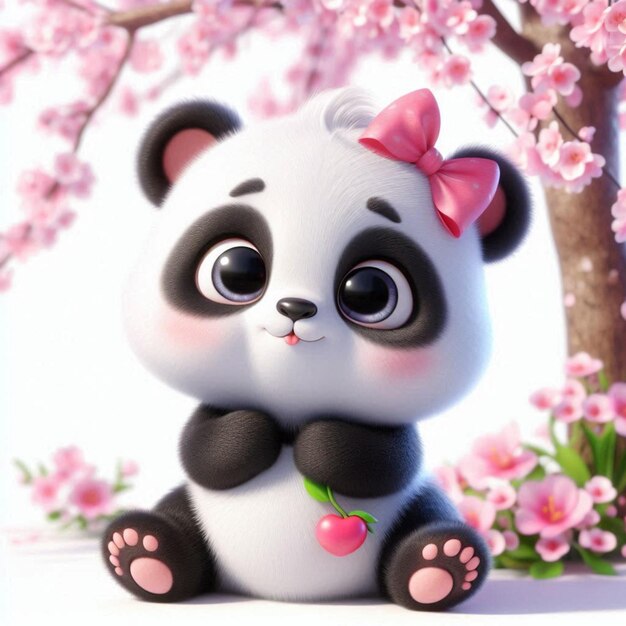 Photo a panda bear with a pink bow on its head sits on a white surface with pink flowers