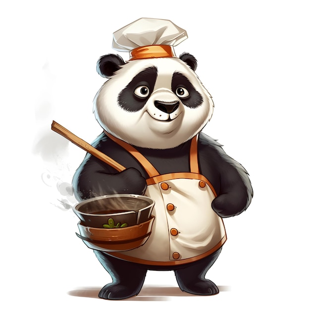 A panda bear with a pot of soup in his hand