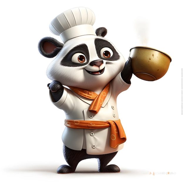 A panda bear with a pot of soup in his hand