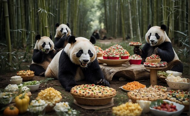 Photo panda bears are sitting in a forest with bamboo baskets and bamboo baskets