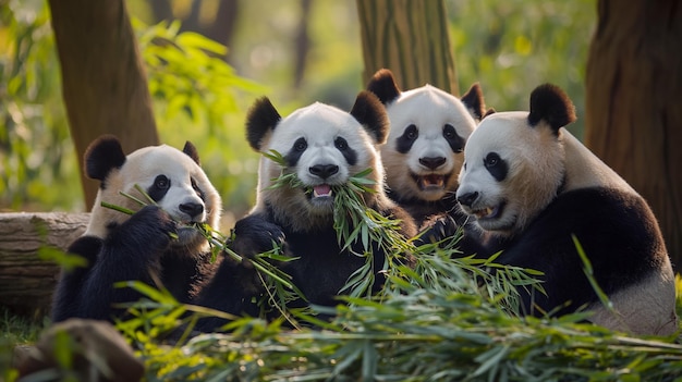 panda bears with their mouths open and their mouths open one of them has a piece of bamboo in the ot