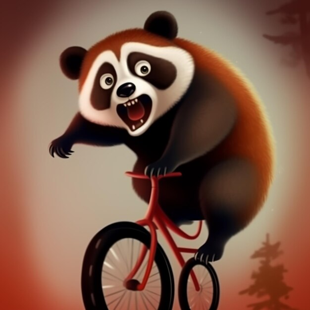 A panda on a bicycle with a red background and a red background.