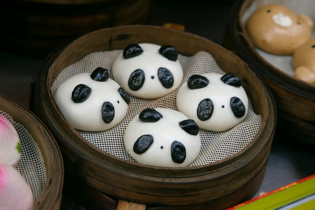 Photo panda buns fluffy steamed wheatflour buns filled with mushrooms and hoisin sauce