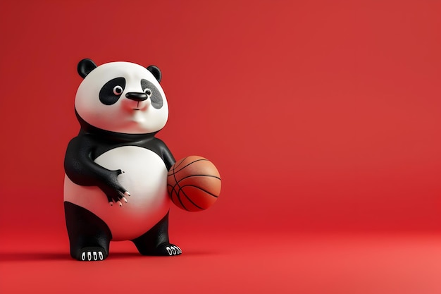 Panda Cartoon Character Playing Basketball in a 3D Rendering with Red Background