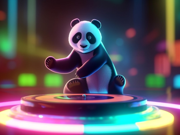 A panda on a circle with a neon light.