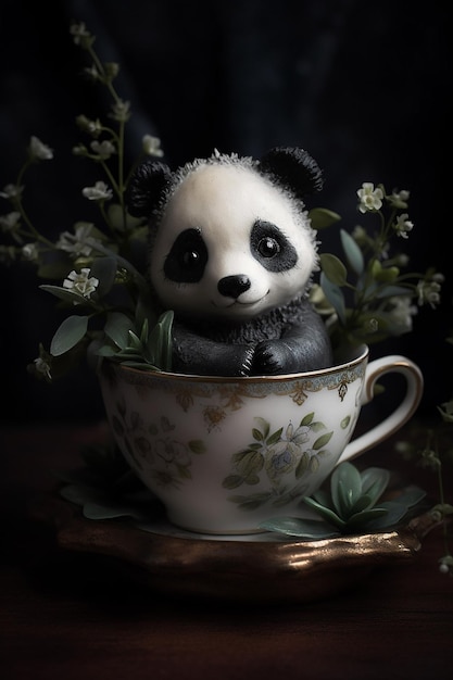 A panda in a cup with flowers on it