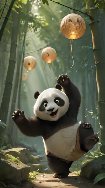 panda dancing in the forest with lanterns hanging from his arms