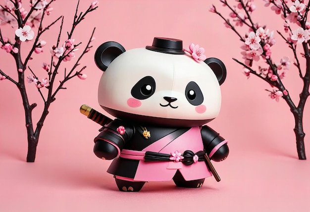 Photo a panda doll with a pink bow and a pink background with cherry blossoms