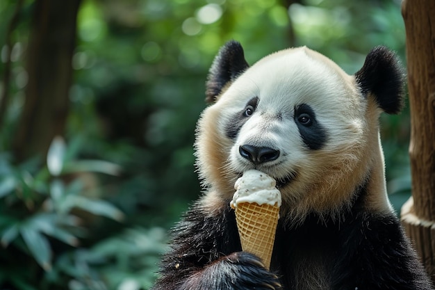 a panda eating an ice cream cone in a forest