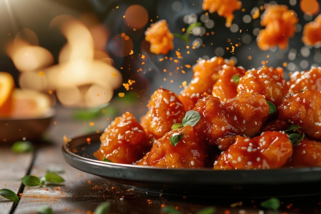 A Panda Express orange chicken with crispy fried chicken bites in a sweet and tangy orange sauce