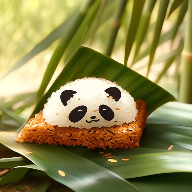 Photo panda face on rice ball on leaf with green leaves generative ai