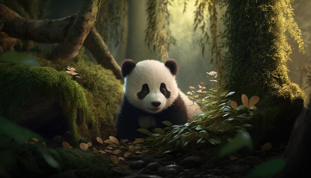 Panda in a forest with a tree in the background