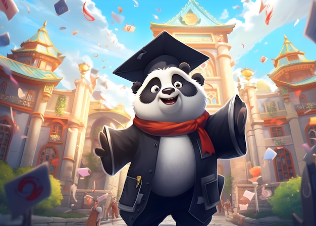 Panda in graduation cap and gown on background of fantasy castle