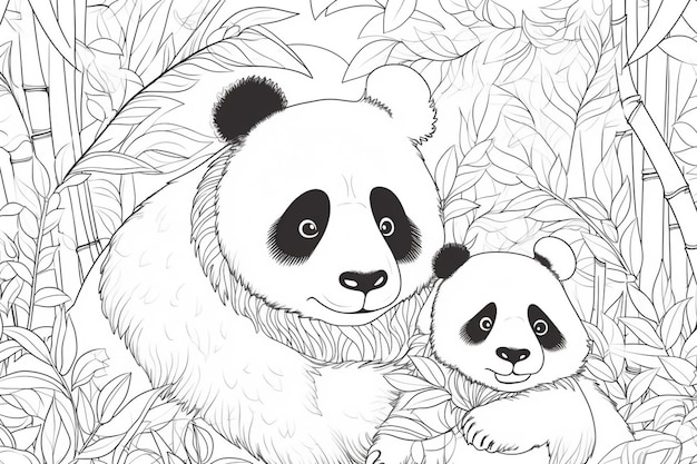 Panda and her cub are sitting in the leaves.