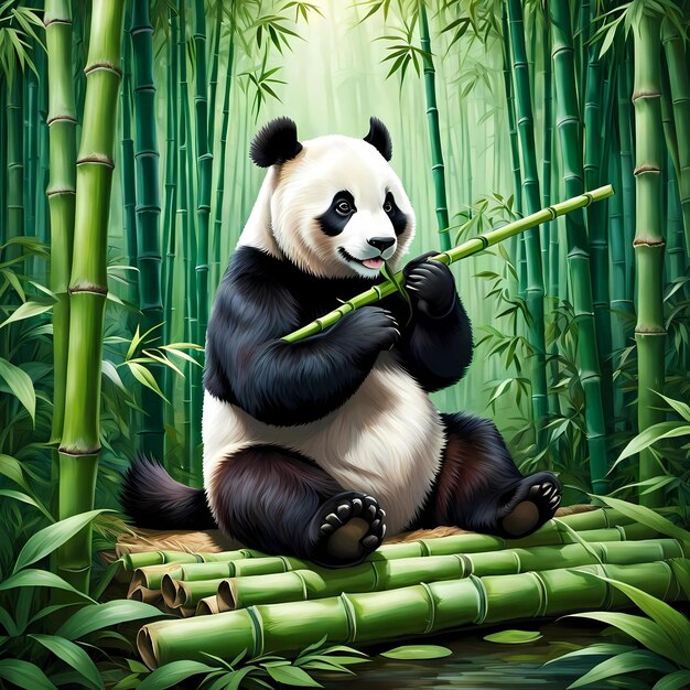 Photo a panda holding a bamboo stick in a bamboo forest