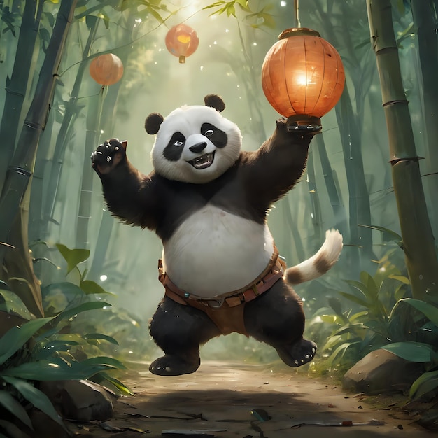 panda holding a lantern in the air in a forest