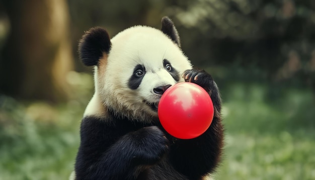 Photo a panda holding a red ball in its mouth and the other half of it is holding a red ball