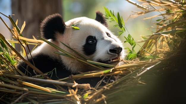 Panda is eating green bamboo background wallpaper AI generated image