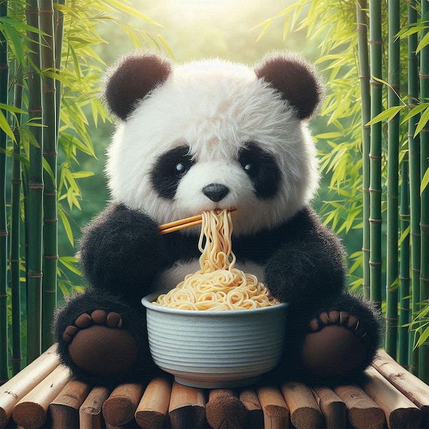 Photo a panda is eating noodles