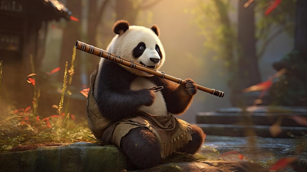 the panda is playing with a stick