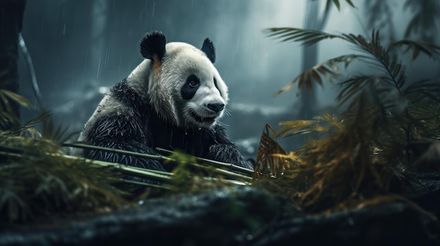 A panda its black and white coat glistening in the mist munches on bamboo shoots in a secluded forest