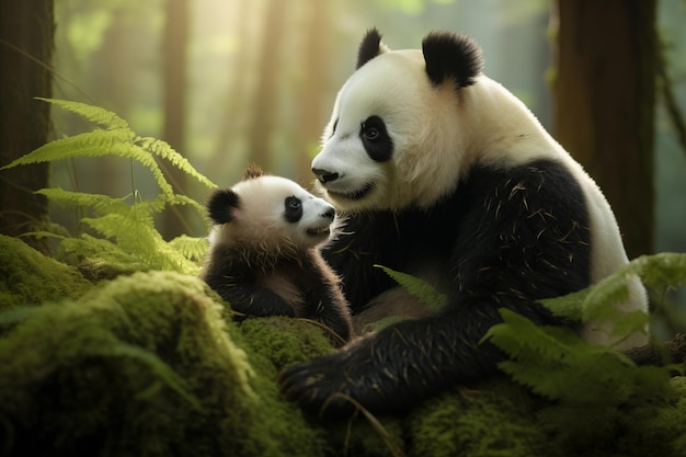 Panda mum with baby sitting in forest together Animal family spending time together at wild nature Two herbivores outdoor on calm sunny day Generative AI