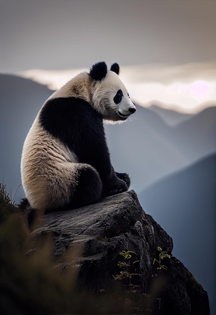 Panda perched on a rock looking out over its surroundings generative ai