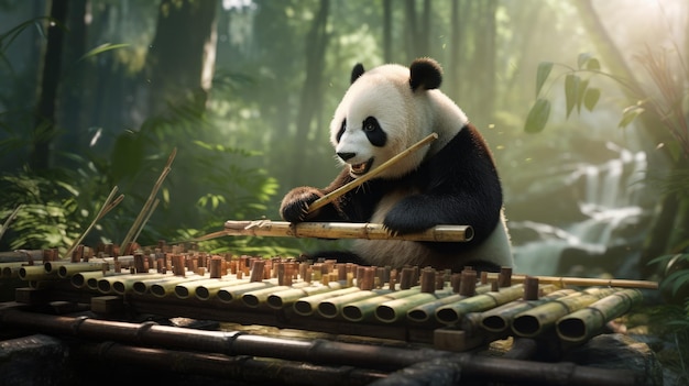 panda playing a flute with bamboo sticks in the background