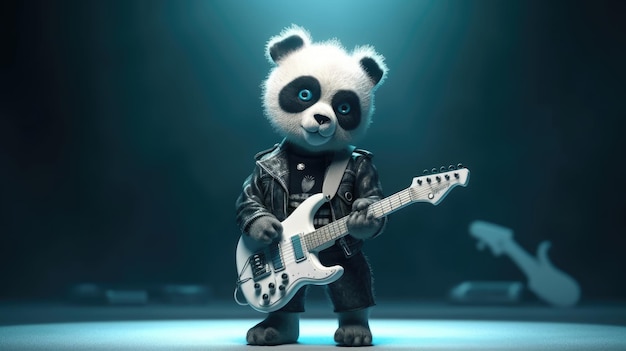 Panda playing a guitar on a stage