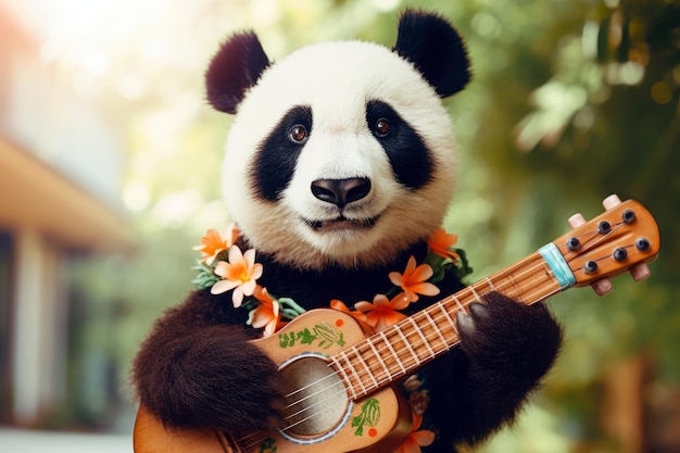 A panda playing a ukulele with a flower on it