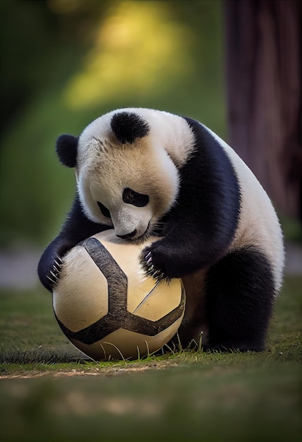 Panda playing with a ball batting it around with its paws generative ai