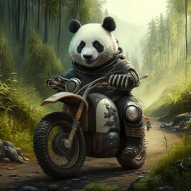 A panda riding a motorcycle with a dragon on it.