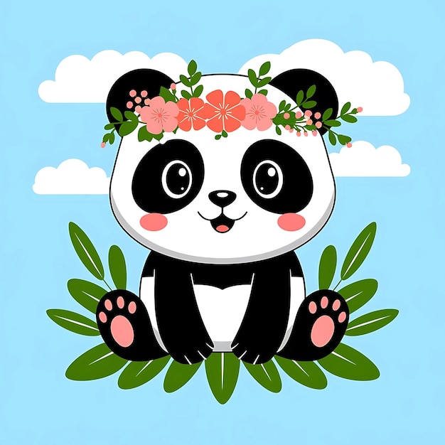 Photo a panda siting a soft green leaves and pastel flowers surrounding