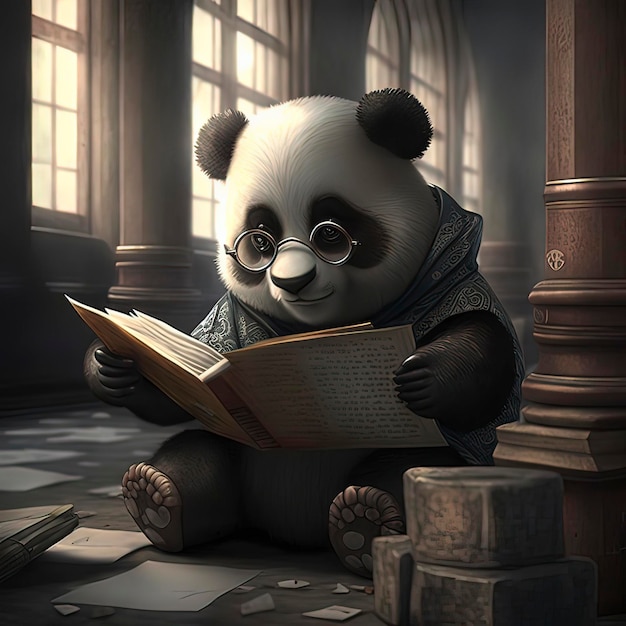 A panda sits in a dark room reading a book.