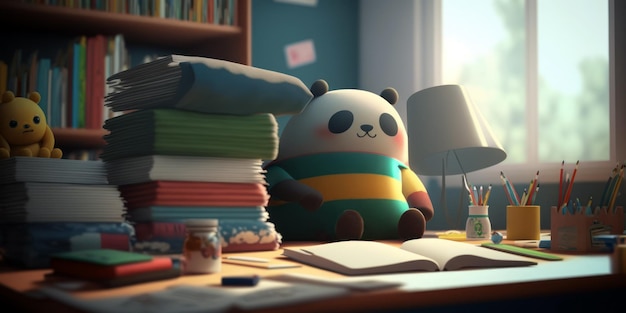 A panda sits on a desk next to a stack of books.