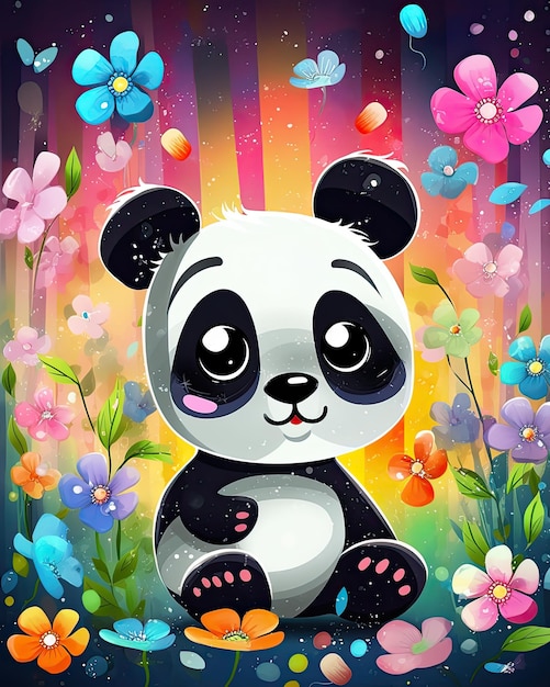 A panda sits in a field of flowers with butterflies.