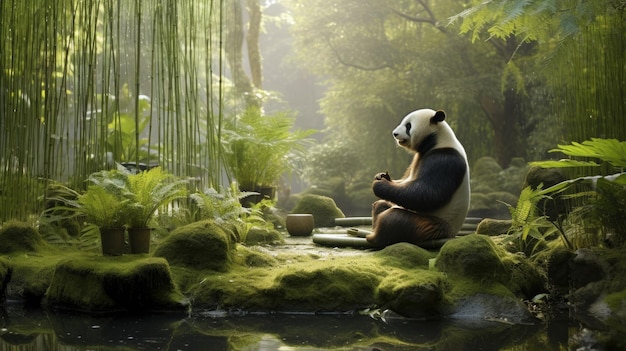 a panda sits on a rock in a pond with bamboo in the background.