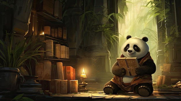 a panda sits on a table with books and a candle in his mouth.