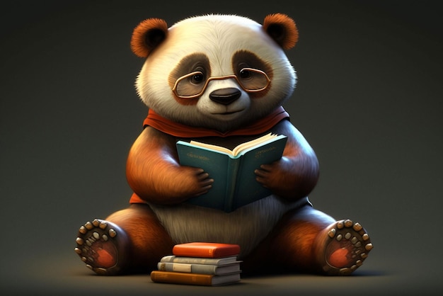 A panda sits with a book in his hands.