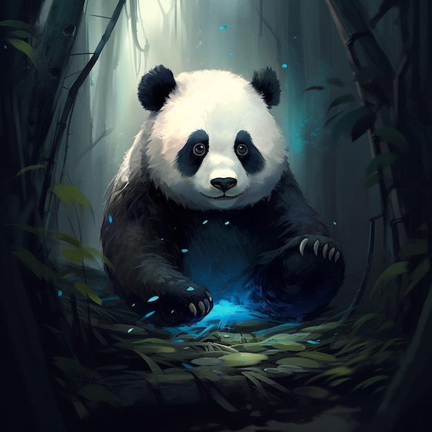 a panda sitting in a bamboo forest with a blue light in the background.