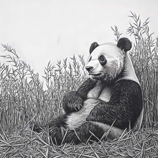 Photo panda sitting on the grass in the forest black and white illustration