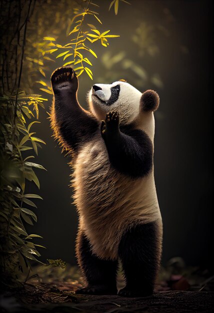 Panda standing on its hind legs reaching up for some leaves generative ai