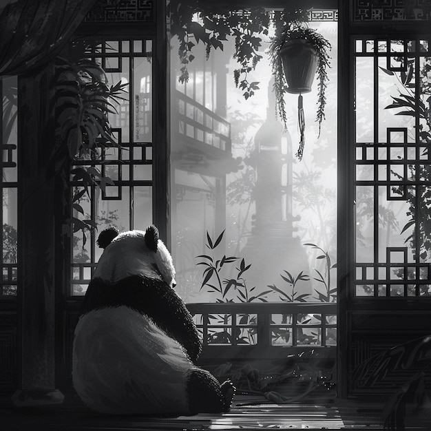 Panda in Traditional Chinese Setting Black and White Art