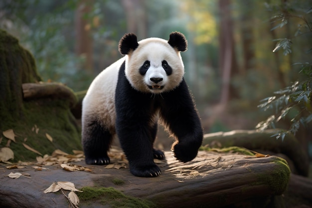 A panda walks on a log in a forest