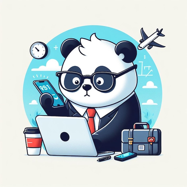 a panda wearing glasses conducting business with a laptop