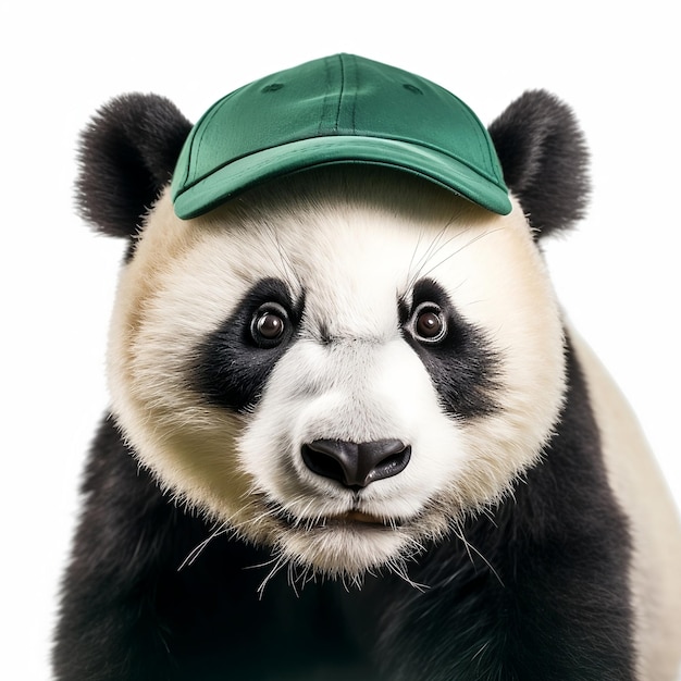 A panda wearing a green baseball cap