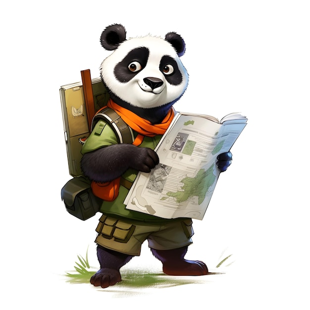 A panda with a backpack reading a newspaper in a cartoon style.