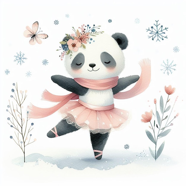 Photo a panda with a flower on its head and a flower in the middle of it