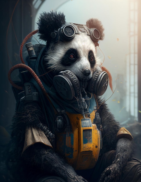 A panda with a gas mask and gas mask sits in a dark room.